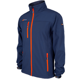 The Grays Mens Radius Soft Shell Jacket by Grays features a modern fit in navy with bright orange zippers on the front and pockets, a high collar, subtle chest and sleeve logos, and a breathable, water-resistant design.