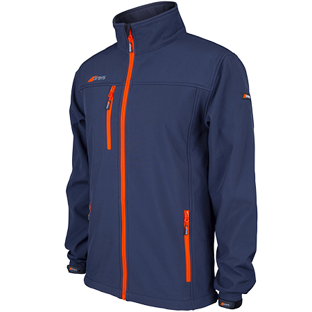 The Grays Mens Radius Soft Shell Jacket by Grays features a modern fit in navy with bright orange zippers on the front and pockets, a high collar, subtle chest and sleeve logos, and a breathable, water-resistant design.