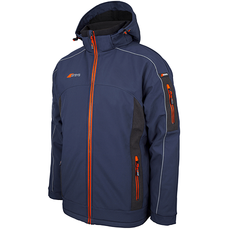 The Grays Mens Vector Padded Hockey Jacket by Grays is a blue soft-shell jacket with orange zippers, gray side panels, zippered pockets on the front and left sleeve, and a hood for versatility.