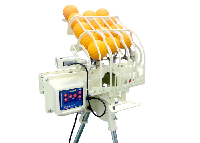 The BOLA Junior Bowling Machine by Bola is mounted on a tripod and features a blue control panel, an attached cage with yellow balls, and is designed for cricket practice.