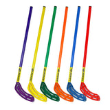 Six Eurohoc Floorball Junior Hockey Sticks by Eurohoc, all in red with yellow branding near the blade, are arranged in a row. These replacement sticks are perfect for young floorball players.