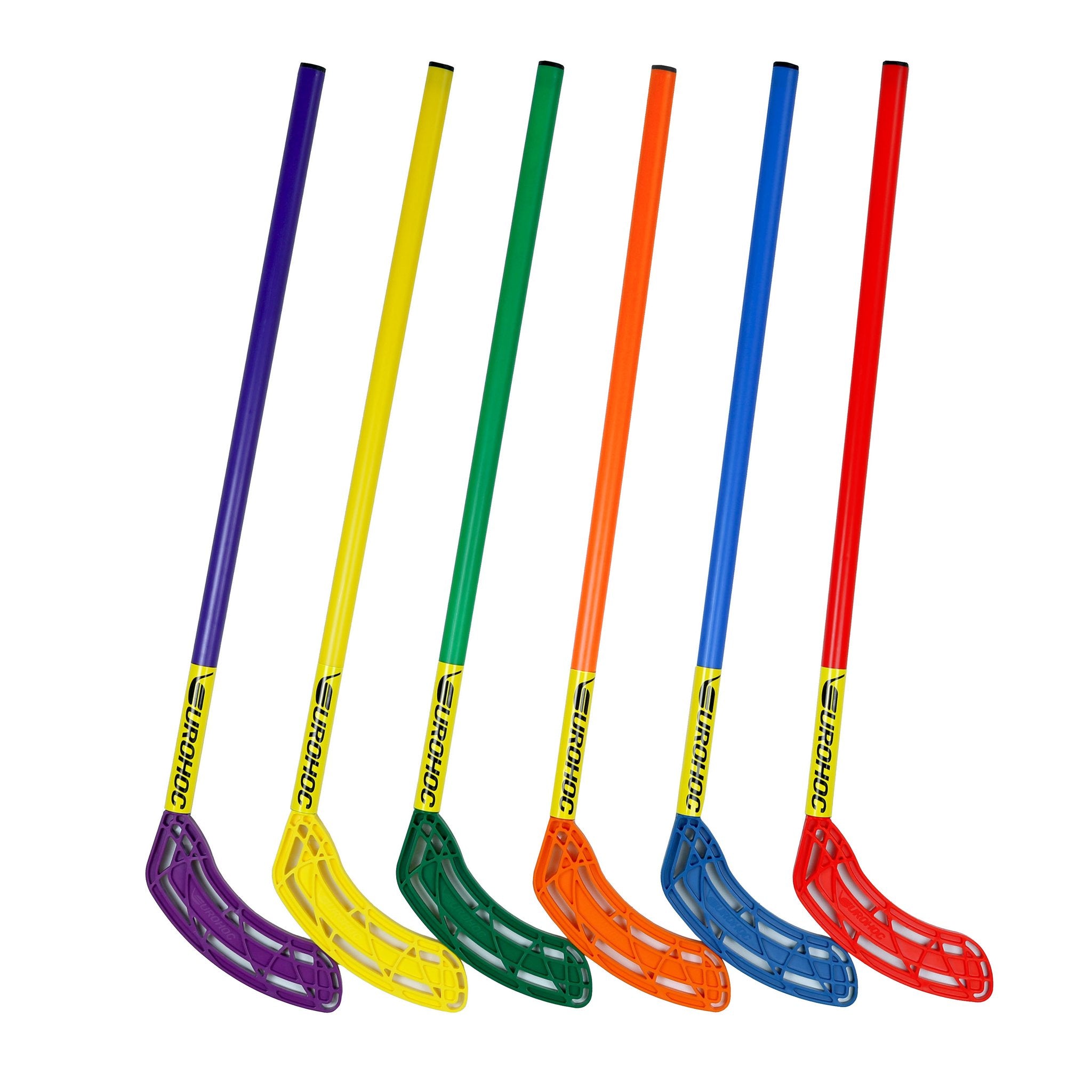 Six Eurohoc Floorball Junior Hockey Sticks by Eurohoc, all in red with yellow branding near the blade, are arranged in a row. These replacement sticks are perfect for young floorball players.