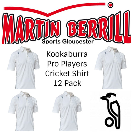 Twelve white Kookaburra Pro Players Cricket Shirts, each with a black and white logo, are displayed with text: Martin Berrill Sports Gloucester. Perfect team kit from Kookaburra—Pro Players Cricket Shirt 12 Pack with Logo.
