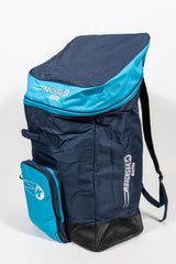 The KoachSak Duffle by Katchet is a navy and light blue sports backpack with water-resistant material, front zip pocket, shoulder strap, rucksack handles, and large main compartment, shown upright on a white background.