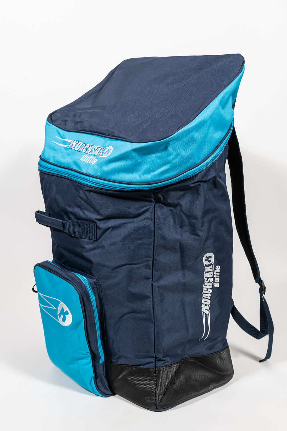 The KoachSak Duffle by Katchet is a navy and light blue sports backpack with water-resistant material, front zip pocket, shoulder strap, rucksack handles, and large main compartment, shown upright on a white background.