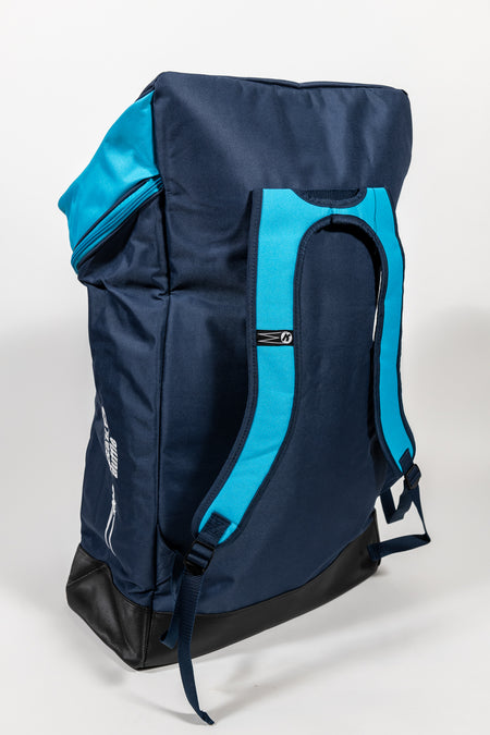 The KoachSak Duffle by Katchet is a large navy blue and black backpack with bright blue padded shoulder straps, water-resistant fabric, sturdy handles, top zipper compartment, and durable black base, shown upright on a white background.