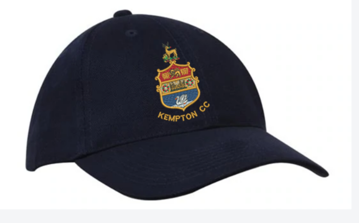 The Kempton CC Baseball Cap by Martin Berrill Sports is a navy blue low profile cap with an embroidered multicolored dragon crest and "KEMPTON C.C." on the front.
