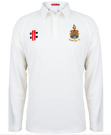 The Gray Nicolls Kempton CC Matrix V2 Long Sleeve Match Shirt is a white collared cricket top with an embroidered KEMPSTON CC crest on the left chest and two sponsor logos on the right, combining comfort and style for match days.
