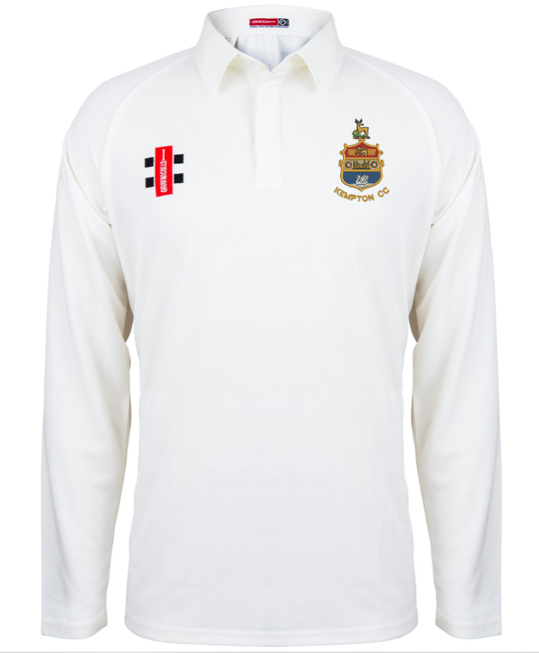 The Gray Nicolls Kempton CC Matrix V2 Long Sleeve Match Shirt is a white collared cricket top with an embroidered KEMPSTON CC crest on the left chest and two sponsor logos on the right, combining comfort and style for match days.