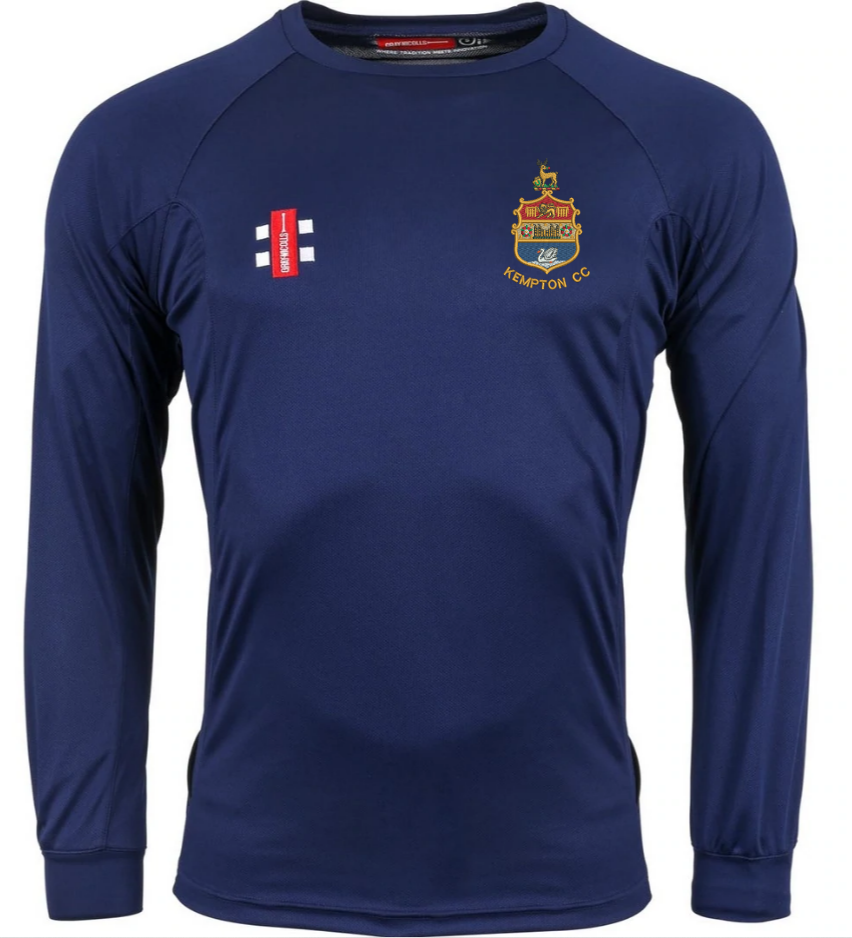 The Kempton CC Matrix V2 Long Sleeve T-Shirt by Gray Nicolls is a navy blue cricket shirt with the club logo embroidered left chest, two small white/red logos on the right, and made from moisture-controlling sportswear fabric.