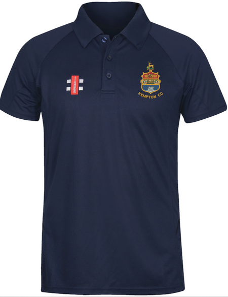The Kempton CC Matrix V2 Polo Shirt by Gray Nicolls is a navy blue polo with a small red and white logo on the right chest and a yellow and red embroidered Club Logo with "Kempton CC" on the left, ideal for training.