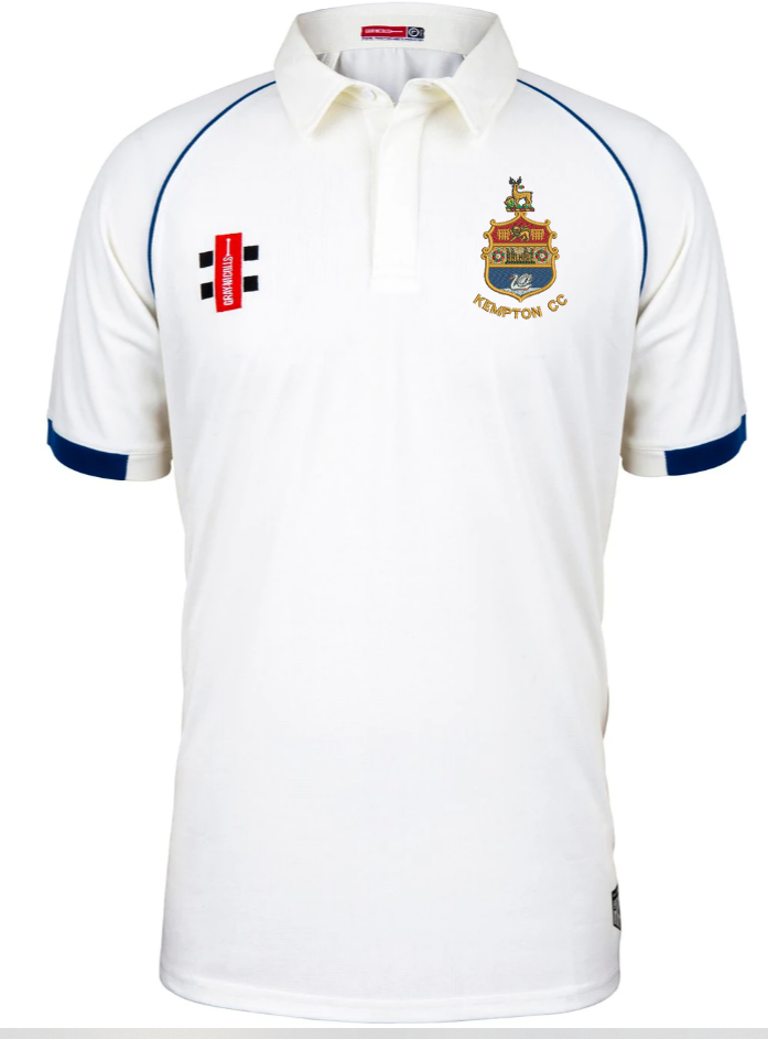 The Kempton CC Matrix V2 Short Sleeve Match Shirt by Gray Nicolls is white with blue trim, a collar, Kempton CC’s embroidered left chest crest, and sponsor logos on both sides of the chest.