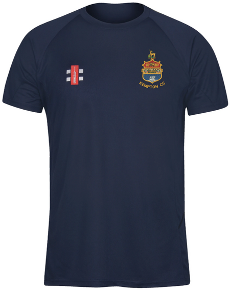 The Gray Nicolls Kempton CC Matrix V2 T Shirt in navy blue features an embroidered club logo and cricket crest on the chest, with a small red, white, and black training emblem by the left shoulder.