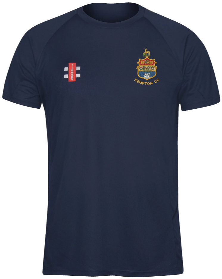 The Gray Nicolls Kempton CC Matrix V2 T Shirt in navy blue features an embroidered club logo and cricket crest on the chest, with a small red, white, and black training emblem by the left shoulder.