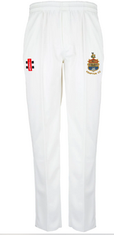 The Gray Nicolls Kempton CC Matrix V2 Trousers are white, tapered fit cricket trousers with moisture control fabric, an embroidered Kempston CC crest on the right thigh, and a small red and black logo on the left.