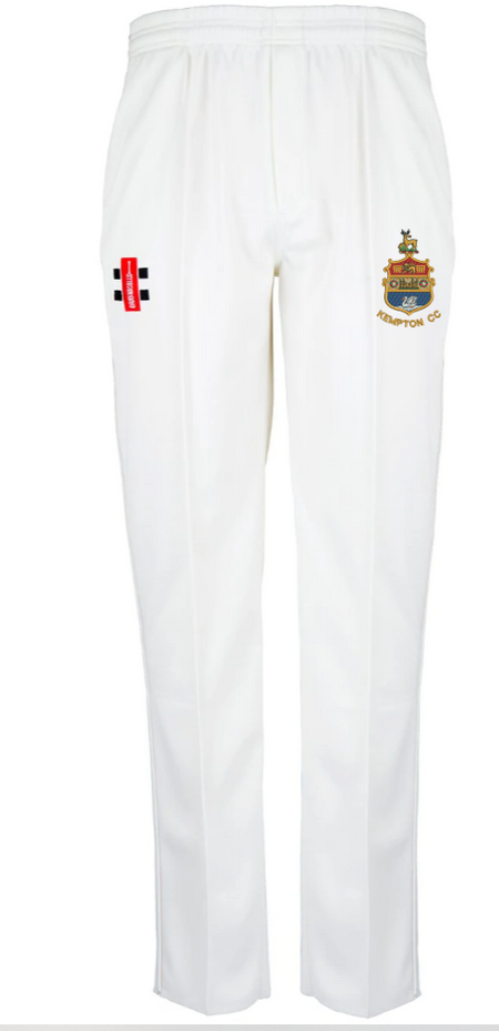 The Gray Nicolls Kempton CC Matrix V2 Trousers are white, tapered fit cricket trousers with moisture control fabric, an embroidered Kempston CC crest on the right thigh, and a small red and black logo on the left.