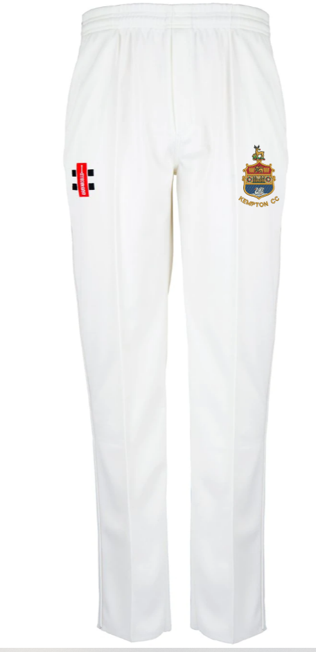 The Gray Nicolls Kempton CC Matrix V2 Trousers are white, tapered fit cricket trousers with moisture control fabric, an embroidered Kempston CC crest on the right thigh, and a small red and black logo on the left.