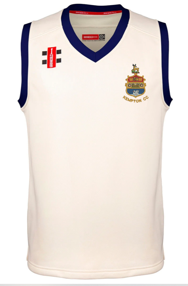 The Gray Nicolls Kempton CC Pro Performance Senior Slipover is a sleeveless cream cricket vest with navy trim, Kempton Cricket Club crest on the left chest, and two sponsor logos on the right shoulder—a classic sportswear piece.