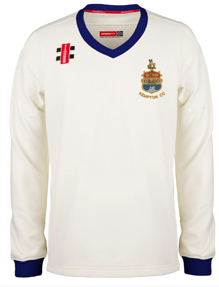 The Kempton CC Pro Performance Senior Sweater by Gray Nicolls features a blue V-neck collar, club logo on the left chest, black and white shoulder patch, and a bold red logo above the crest.