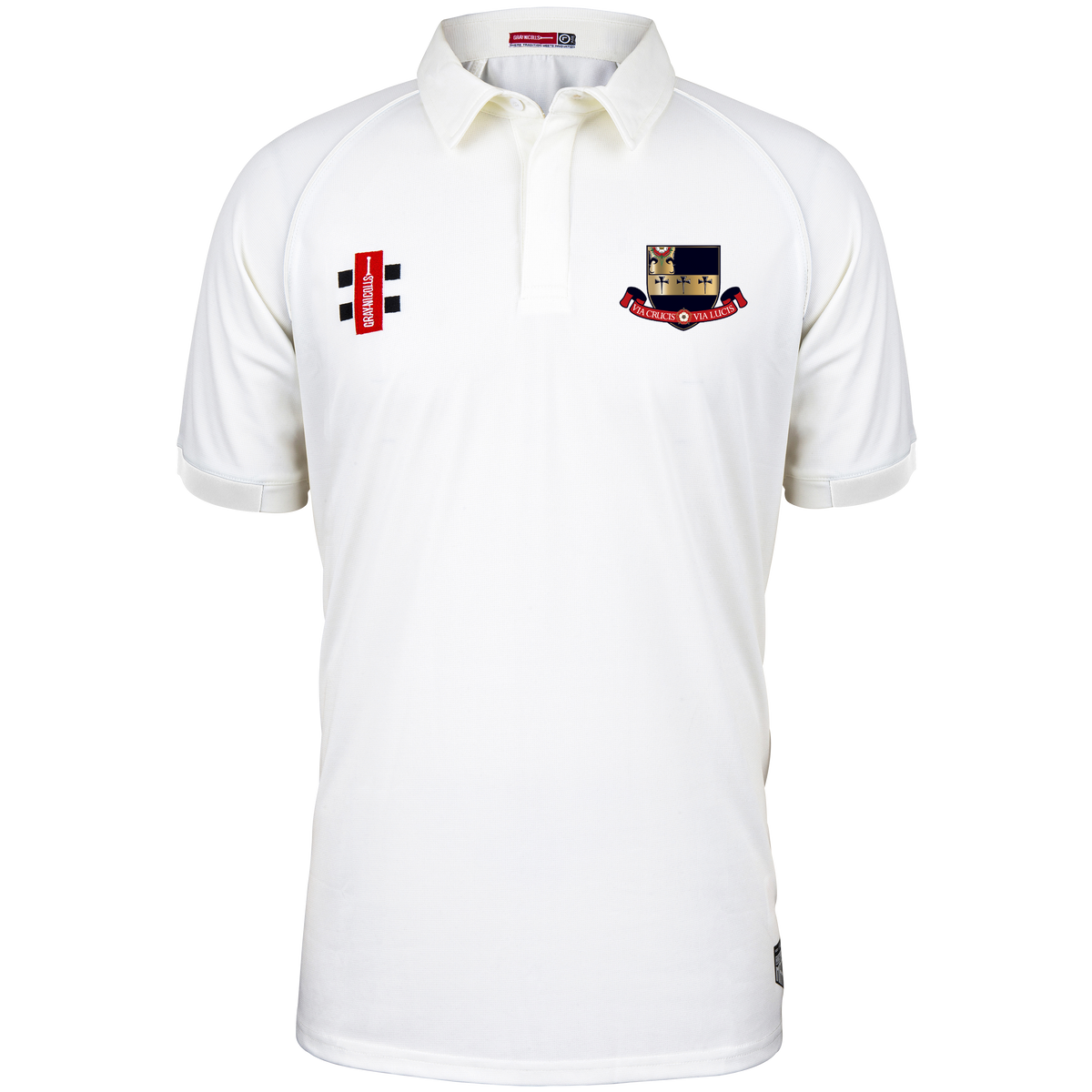 The Gray Nicolls Kings School Matrix V2 S/S Cricket Match Shirt is a white short-sleeve shirt with a collar, two embroidered chest logos, and a buttoned neckline, displayed on a plain white background.