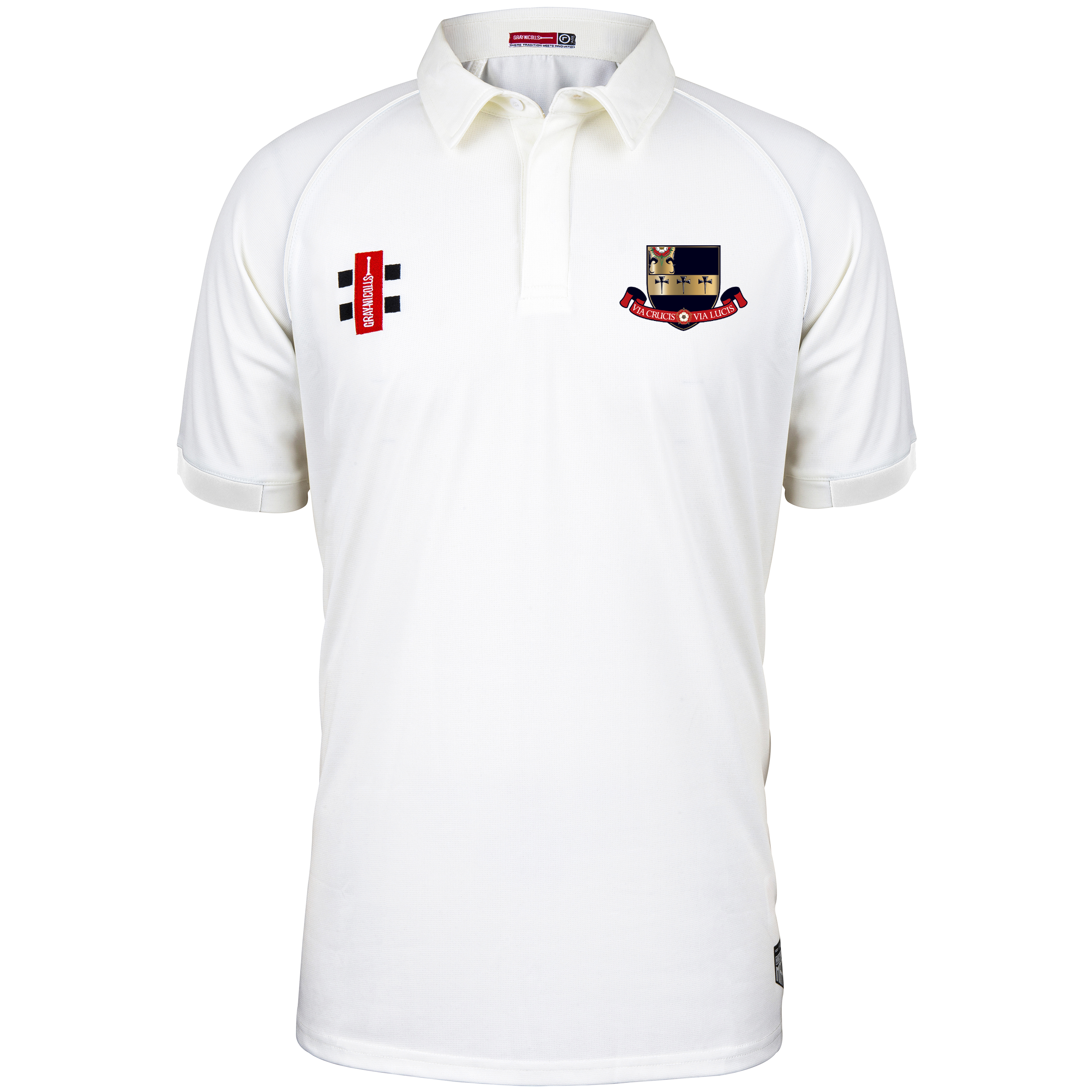 The Gray Nicolls Kings School Matrix V2 S/S Cricket Match Shirt is a white short-sleeve shirt with a collar, two embroidered chest logos, and a buttoned neckline, displayed on a plain white background.