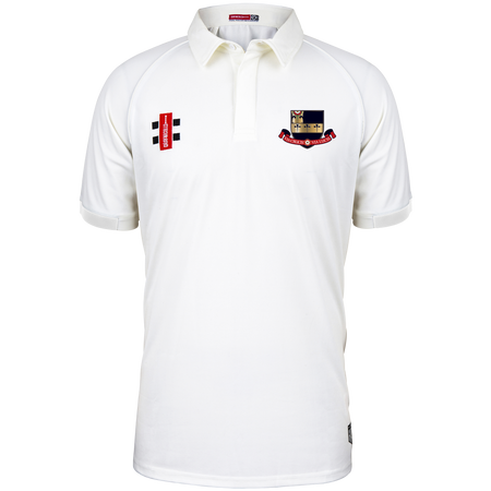 The Gray Nicolls Kings School Matrix V2 S/S Cricket Match Shirt is a white short-sleeve shirt with a collar, two embroidered chest logos, and a buttoned neckline, displayed on a plain white background.