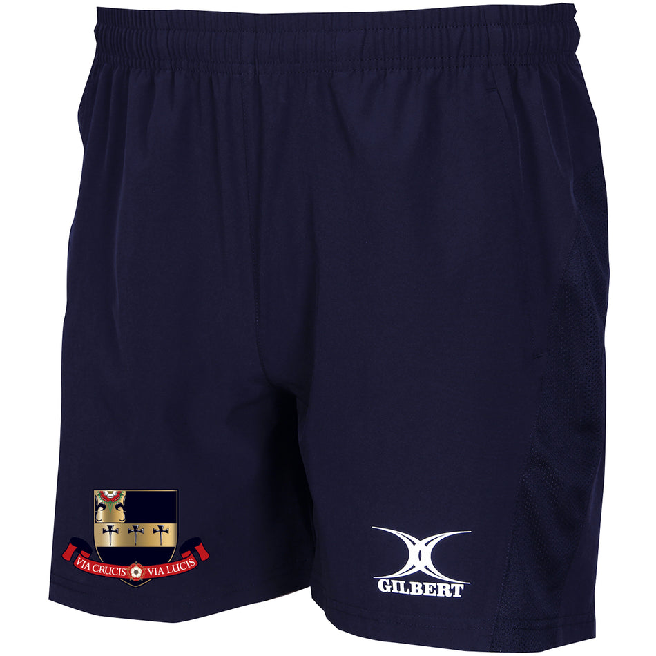 The Kings School Leisure Short by Gilbert features an elastic waist, embroidered crest on the left leg, and a white Gilbert logo on the right. Made from lightweight stretch fabric with mesh side panels for added comfort.
