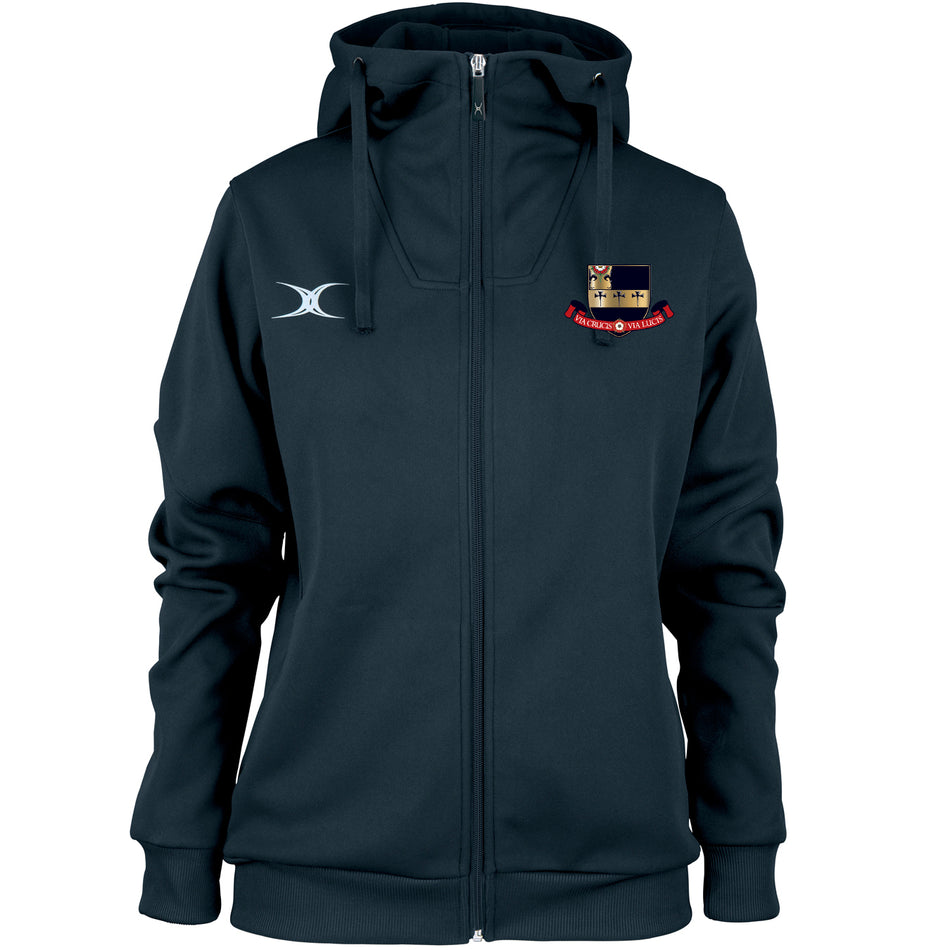 The Gilbert Kings School Pro Full Zip Ladies Hoody is a dark, hooded micro hoody with front pockets, drawstrings, and two chest logos: a circular logo on the left and a rectangular logo with text and crossed oars on the right.