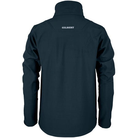 A black Kings School Pro Soft Shell Full Zip Jacket by Gilbert, viewed from the back, with "GILBERT" in white below the collar. This breathable jacket features a high collar and visible seam details.