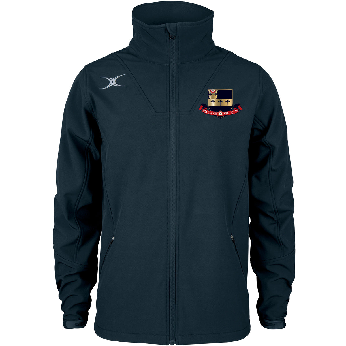 The Gilbert Kings School Pro Soft Shell Full Zip Jacket is navy blue with long sleeves, a silver logo on the right chest, a colorful crest with banner on the left, two zippered pockets, a high collar, and is made from breathable fabric.