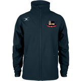 The Gilbert Kings School Pro Soft Shell Full Zip Jacket is navy blue with long sleeves, a silver logo on the right chest, a colorful crest with banner on the left, two zippered pockets, a high collar, and is made from breathable fabric.