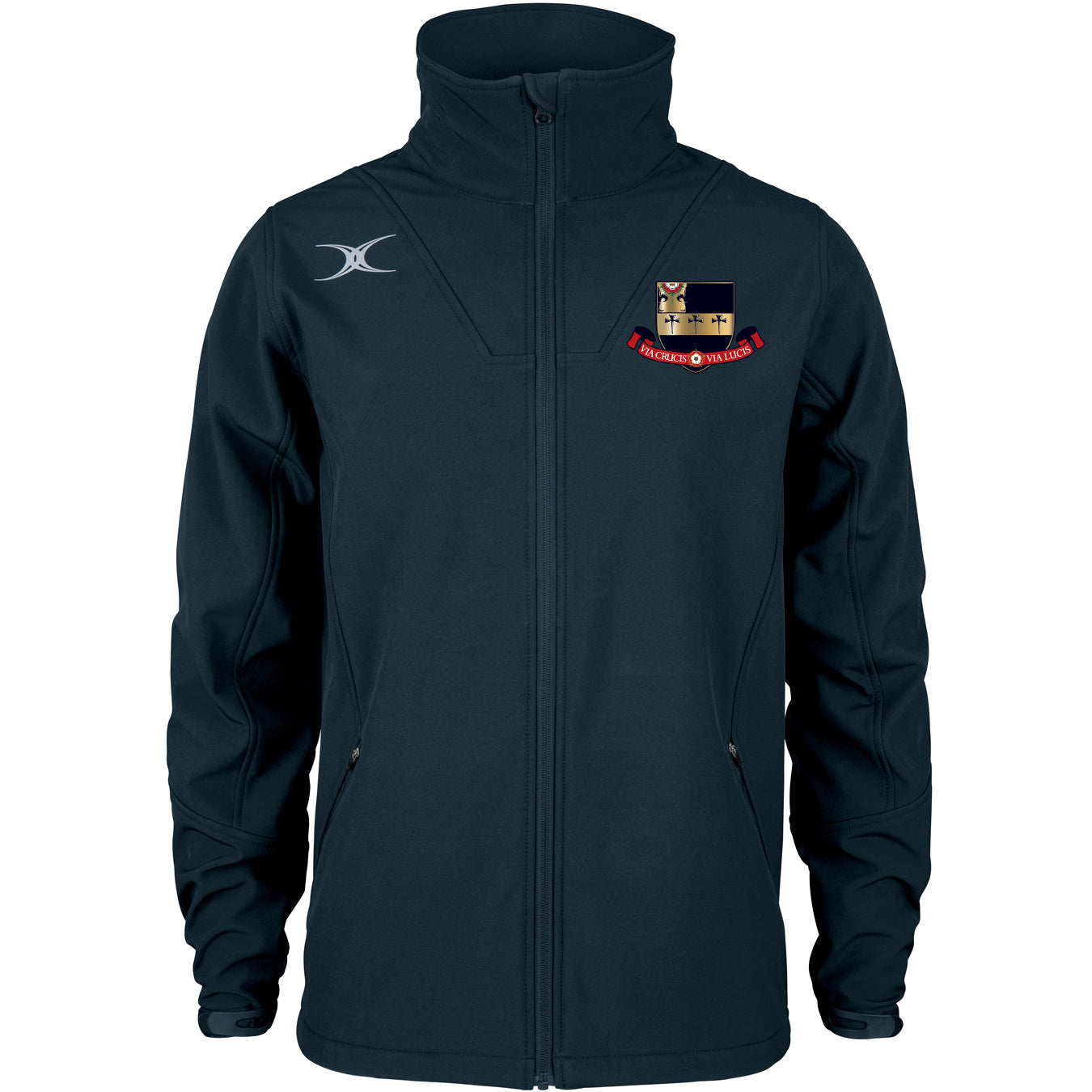 The Gilbert Kings School Pro Soft Shell Full Zip Jacket is navy blue with long sleeves, a silver logo on the right chest, a colorful crest with banner on the left, two zippered pockets, a high collar, and is made from breathable fabric.