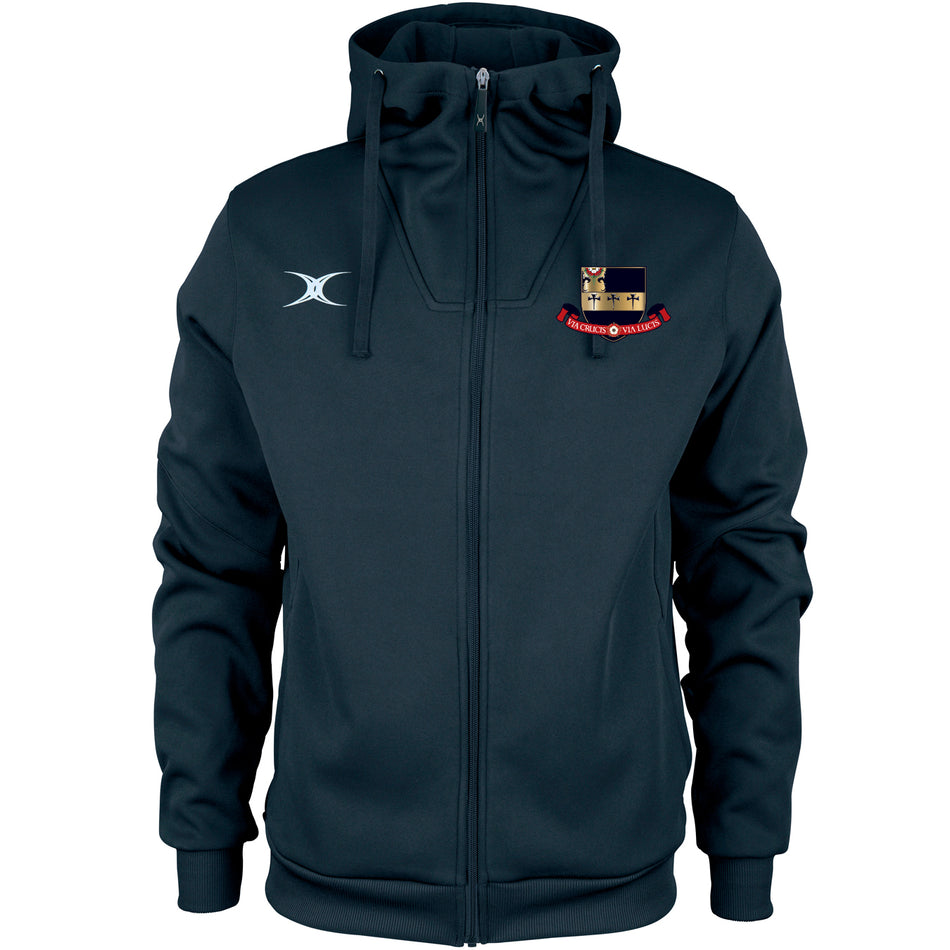 The Gilbert Kings School Pro Full Zip Hoody is black with active stretch, a white logo on the left chest, and a crest with a red banner on the right. This moisture-wicking hoodie is shown against a white background.