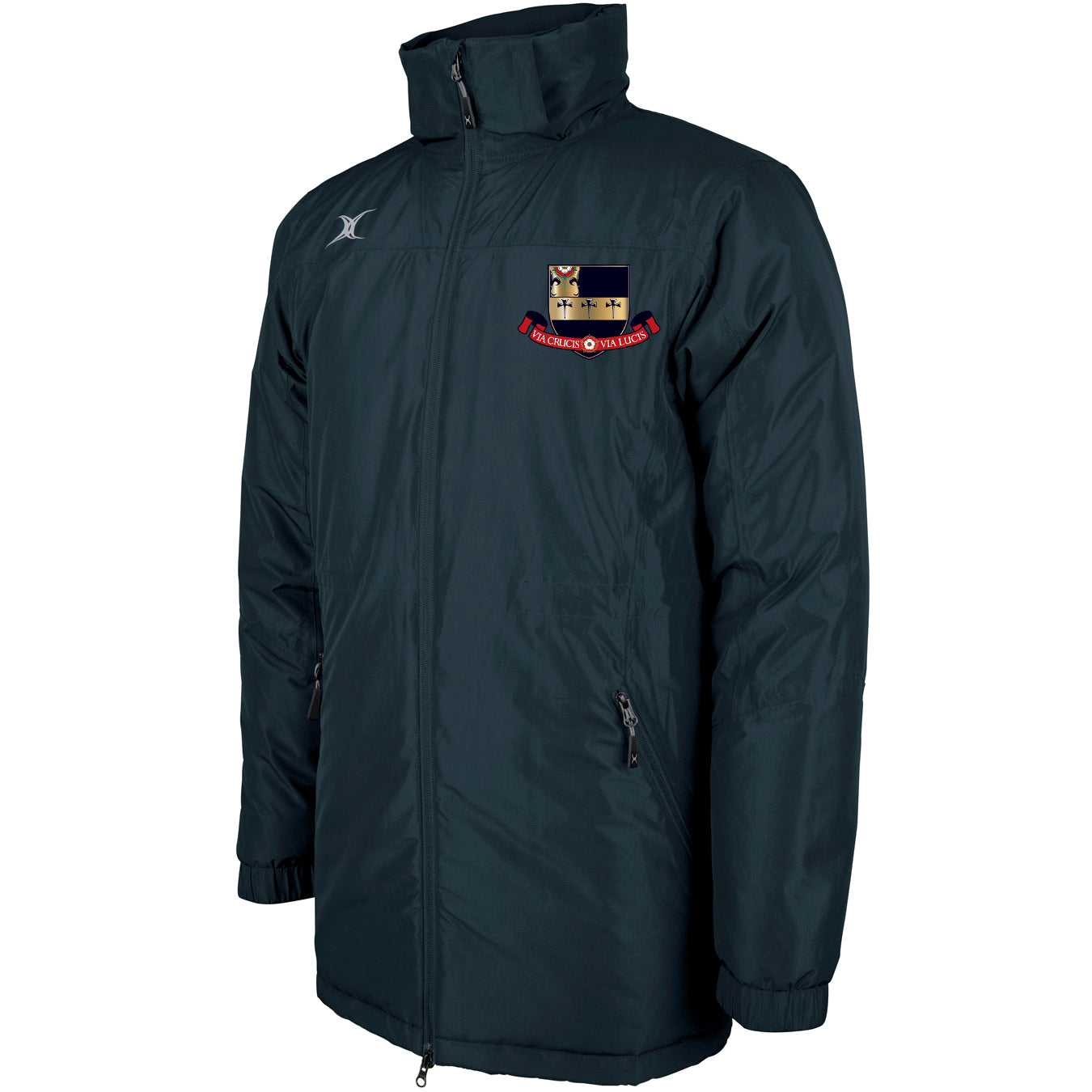 The Gilbert Kings School Pro All-Weather Jacket is dark green with a high collar, zip front, and two zippered side pockets. It features an embroidered shield crest with a red banner on the left chest and a small silver logo on the right shoulder.