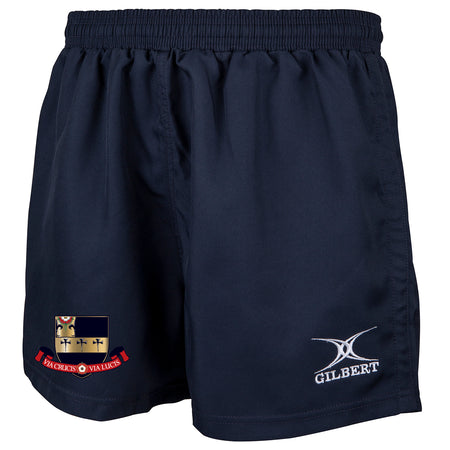 The Kings School Saracen Short by Gilbert is a navy rugby short with an embroidered school crest on the left leg and a white Gilbert logo on the right. It features an elastic waistband, loose fit, and reinforced seams for extra durability.