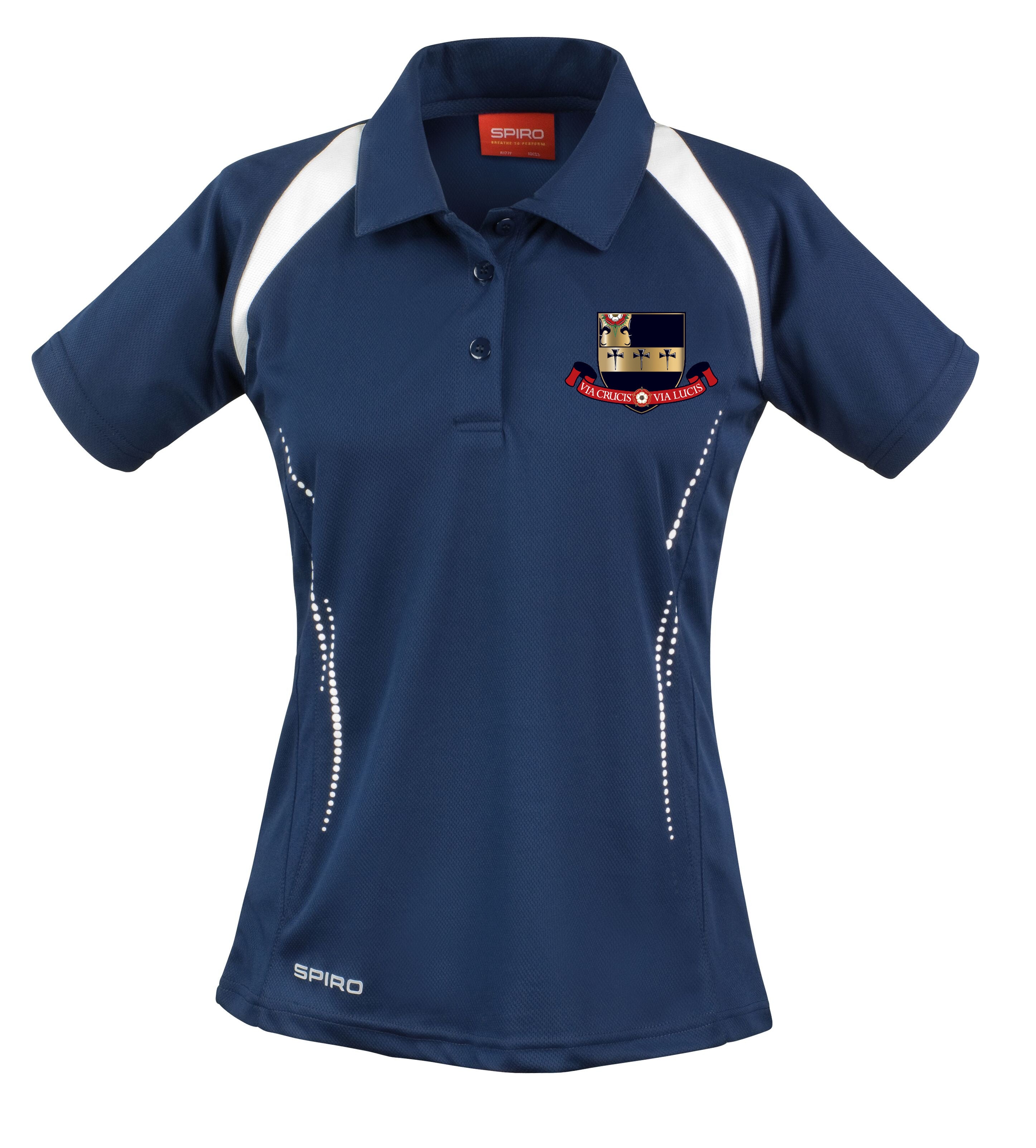 The Kings School Ladies Breathable Polo Shirt by Spiro features a navy blue design with white accents, COOL-DRY fabric, crest logo, and SCIENCE & MATHS text on the chest—perfect as an athletic team shirt. Spiro branding is on the lower right hem.