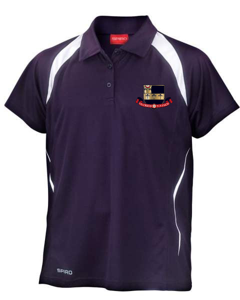 The Spiro Kings School Mens Breathable Polo Shirt is black with white accents, made from COOL-DRY fabric for comfort. It features a collar with three buttons, a small embroidered crest, and red text on the left chest.