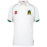 The Kingswood Village CC Matrix V2 Short Sleeve Match Shirt by Martin Berrill Sports features green sleeve trim, embroidered chest logos, and a traditional button collar—ideal for cricket matches.