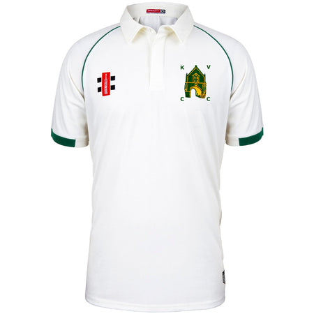 The Kingswood Village CC Matrix V2 Short Sleeve Match Shirt by Martin Berrill Sports features green sleeve trim, embroidered chest logos, and a traditional button collar—ideal for cricket matches.