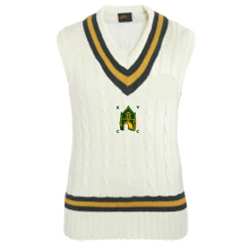 The Martin Berrill Sports Kingswood Village CC Cricket Slipover (Green/Gold/Green) is sleeveless and white, with black and yellow V-neck and hem stripes, featuring the club’s green and yellow crest with “KVC” embroidery.