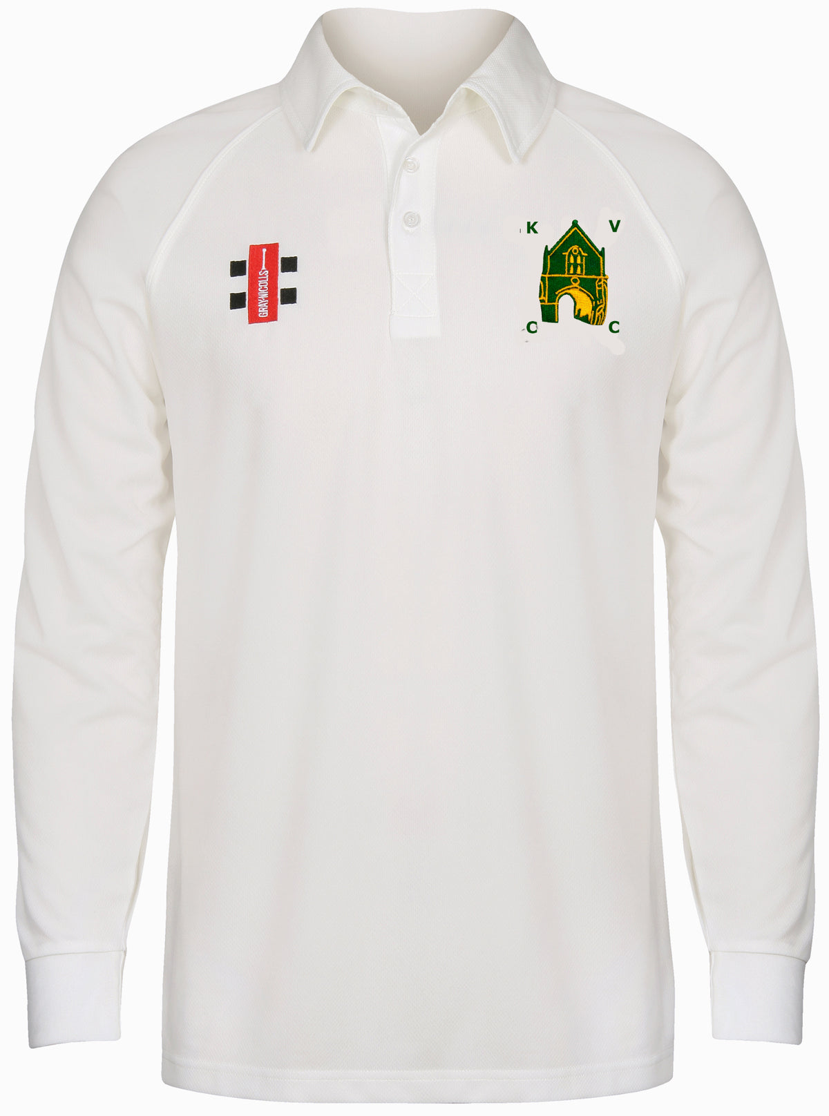 The Kingswood Village CC Matrix V2 Long Sleeve Shirt by Gray Nicolls is a white cricket shirt with moisture-wicking fabric, a collar, and two chest logos—one rectangular red on the left, and a green/yellow emblem on the right.