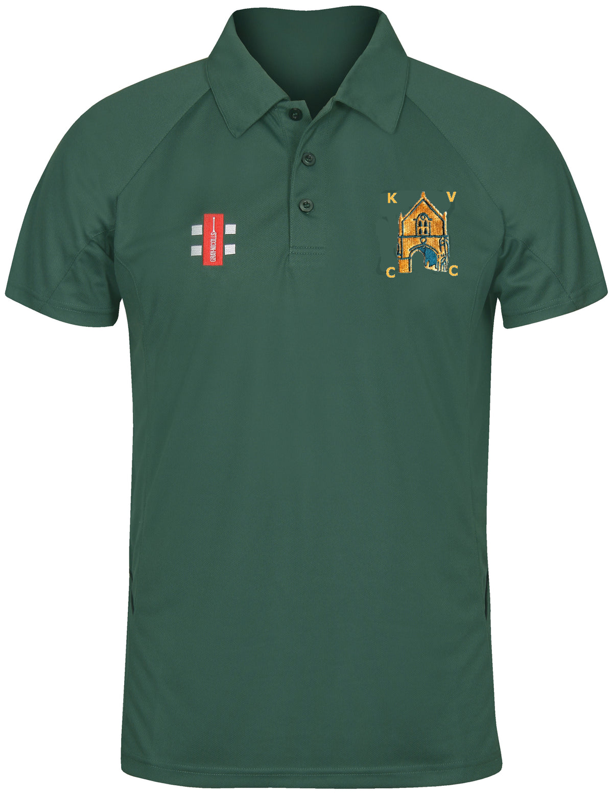 The Kingswood Village CC Matrix V2 Polo Shirt by Gray Nicolls is dark green with short sleeves, a buttoned collar, moisture-wicking fabric, a red and white chest logo, and an embroidered KVC crest on the right chest.