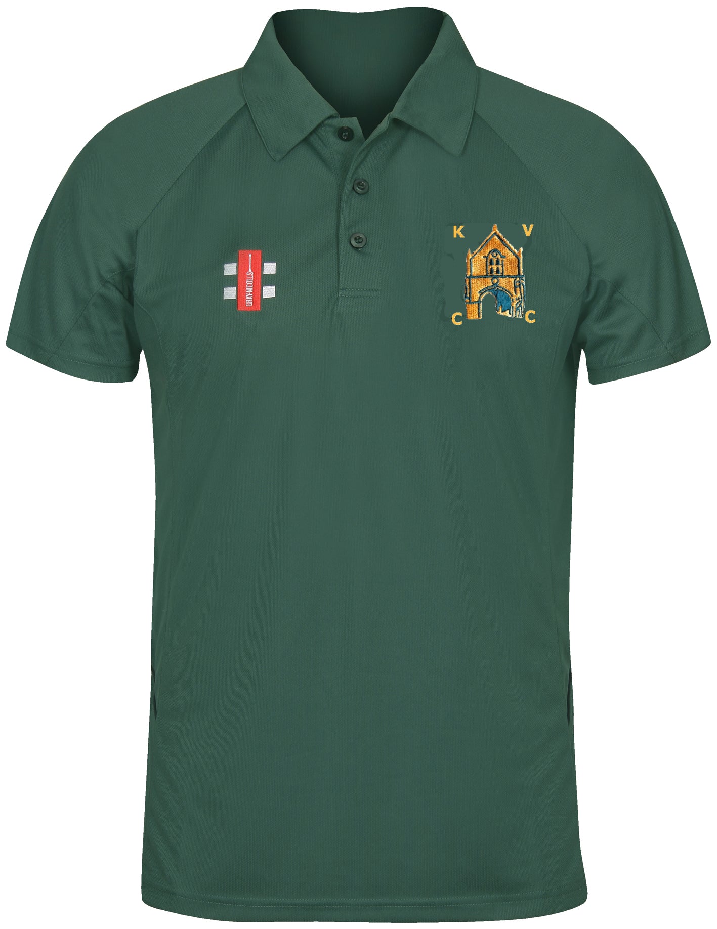 The Kingswood Village CC Matrix V2 Polo Shirt by Gray Nicolls is dark green with short sleeves, a buttoned collar, moisture-wicking fabric, a red and white chest logo, and an embroidered KVC crest on the right chest.