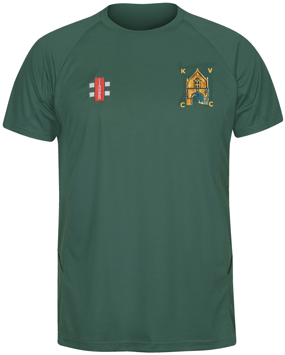 The Gray Nicolls Kingswood Village CC Matrix V2 T Shirt is a dark green, short-sleeve polyester training top with moisture-wicking fabric, a red logo on the left chest, and a detailed crest with yellow lettering and building on the right chest.