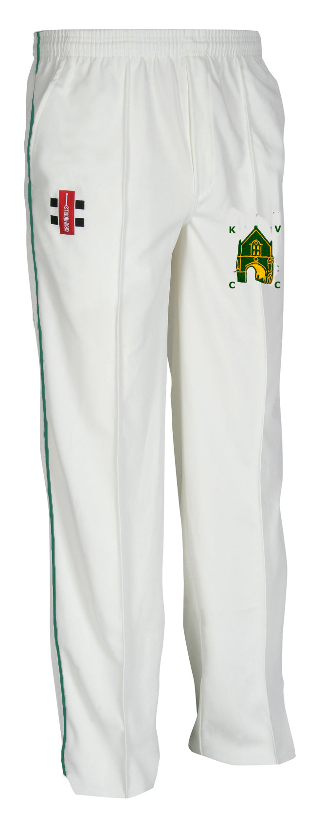 The Gray Nicolls Kingswood Village CC Matrix V2 Cricket Trouser offers moisture control, a green stripe, red patch with black/white detail on the left thigh, plus a yellow-green K.V.C.C. club logo on the right thigh for a sharp, tapered fit.