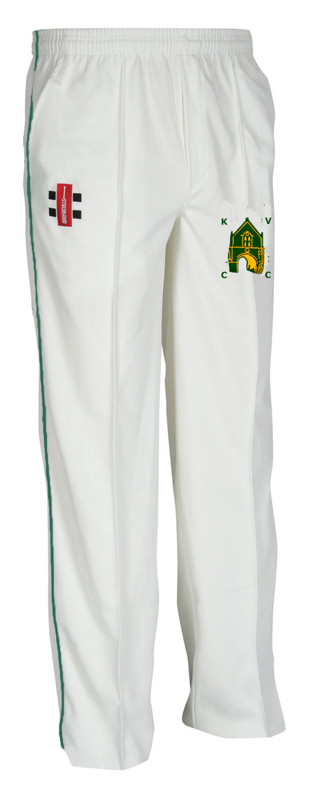 The Gray Nicolls Kingswood Village CC Matrix V2 Cricket Trouser offers moisture control, a green stripe, red patch with black/white detail on the left thigh, plus a yellow-green K.V.C.C. club logo on the right thigh for a sharp, tapered fit.