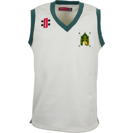 The Kingswood Village CC Pro Performance Slipover by Gray Nicolls is a sleeveless white cricket vest with green trim, a red Gray Nicolls logo, a black and white patch, and the KVCC club emblem—ideal lightweight fleece sportswear.