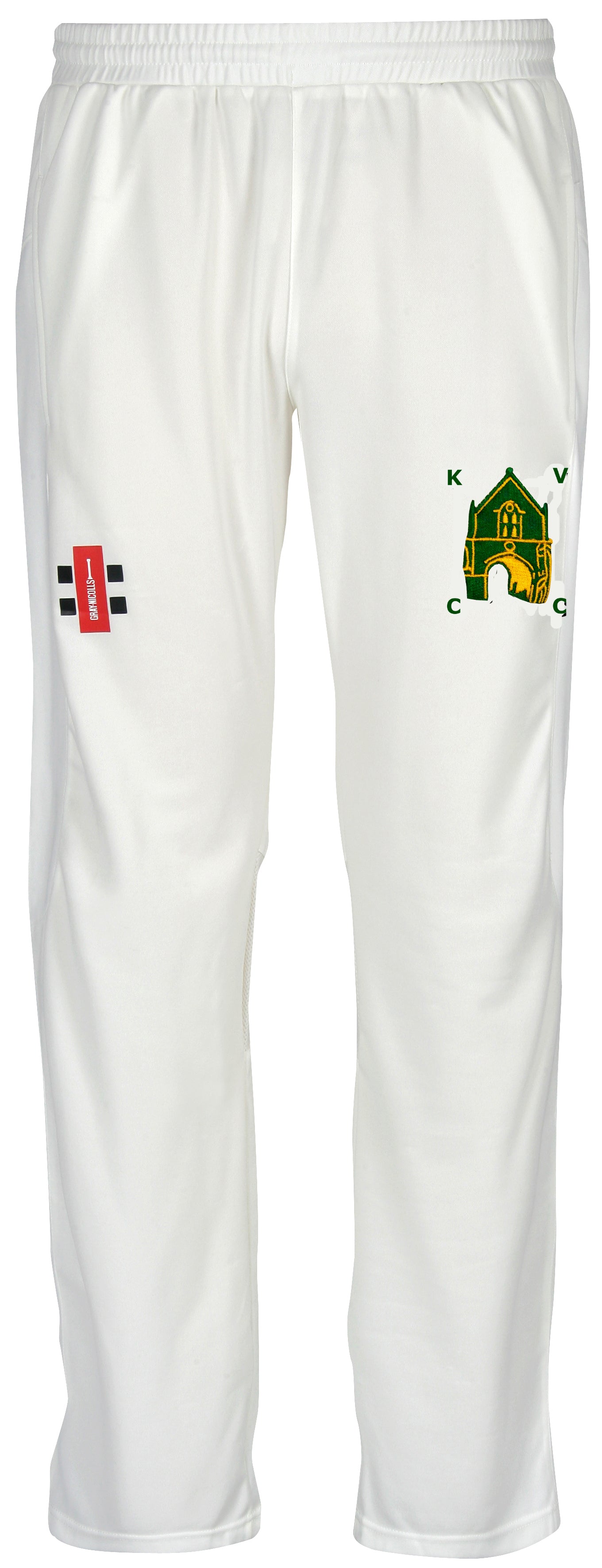 The Gray Nicolls Kingswood Village CC Velocity Cricket Trousers feature an elastic waistband, a red rectangular logo on the right thigh, and the KVCG green-yellow crest on the left thigh—ideal for cricket apparel.