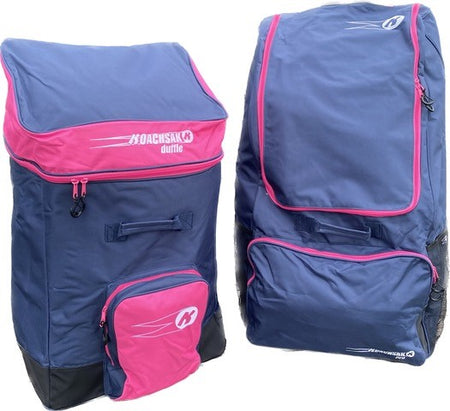 Two large KoachSak Duffle bags by Katchet in blue with pink zippers and sporty accents are shown. One stands upright with a front pocket and rucksack handles, the other is side-facing. Both are spacious and water-resistant.