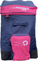 The Katchet KoachSak Duffle is a large, water-resistant blue and pink bag with rucksack handles, a zippered main compartment, front pocket, and the KoachSak durrie logo on both sides.